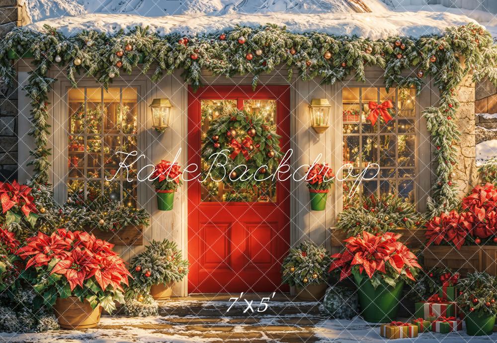 Kate Christmas Snowy House Poinsettia Backdrop Designed by Emetselch -UK