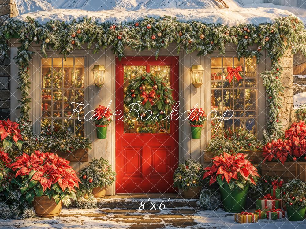 Kate Christmas Snowy House Poinsettia Backdrop Designed by Emetselch -UK