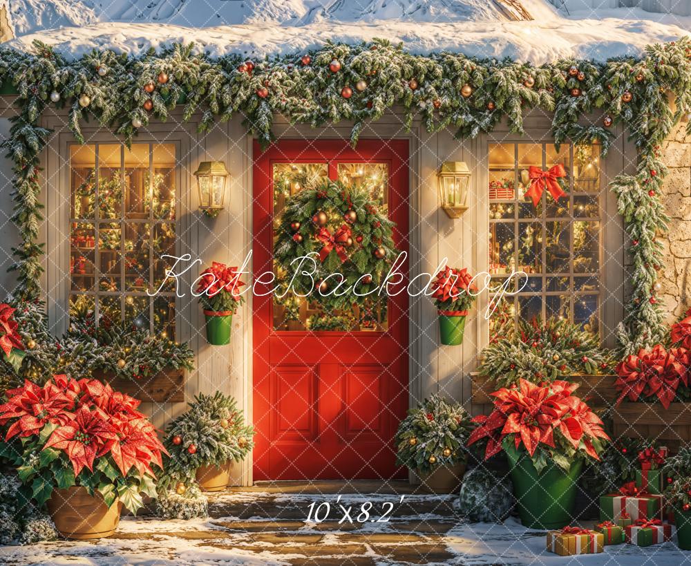 Kate Christmas Snowy House Poinsettia Backdrop Designed by Emetselch -UK