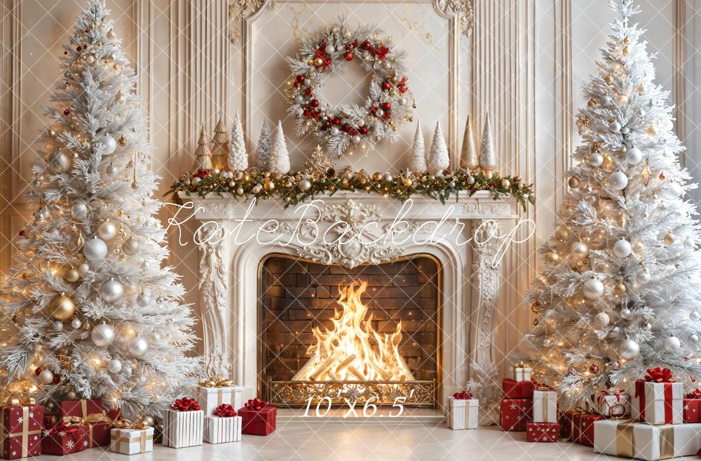On Sale Kate Christmas Fireplace White Trees Gifts Backdrop Designed by Emetselch -UK
