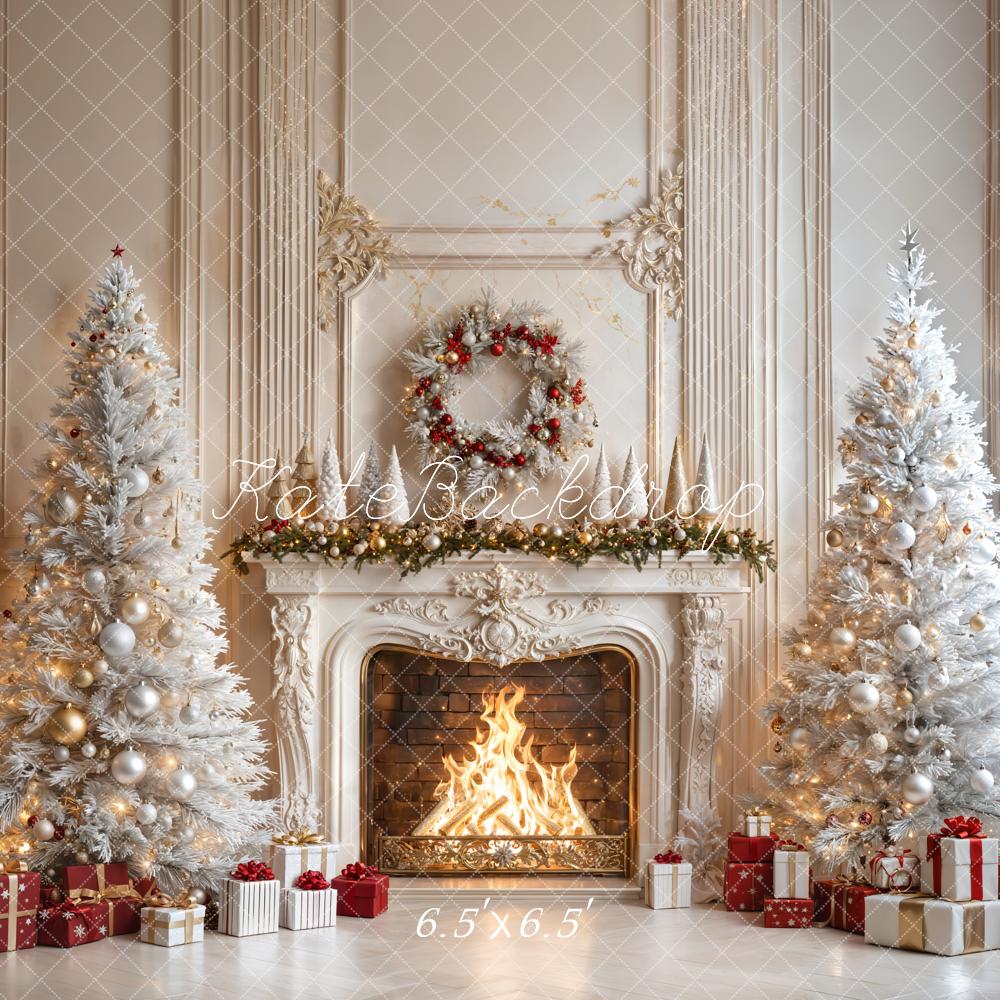 On Sale Kate Christmas Fireplace White Trees Gifts Backdrop Designed by Emetselch -UK