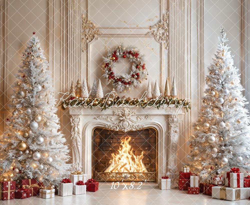 On Sale Kate Christmas Fireplace White Trees Gifts Backdrop Designed by Emetselch -UK