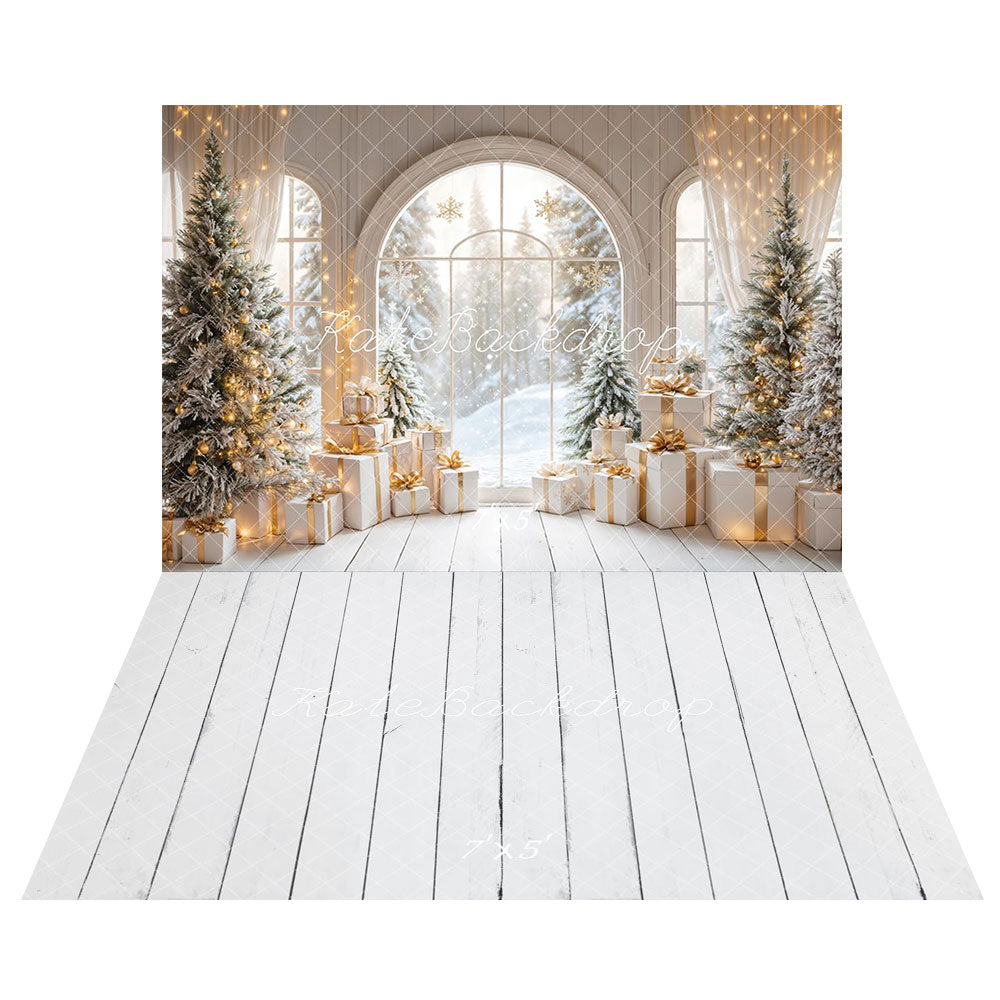 Kate White Arch Window Christmas Tree Gifts Backdrop+Cream Wood Floor Backdrop -UK