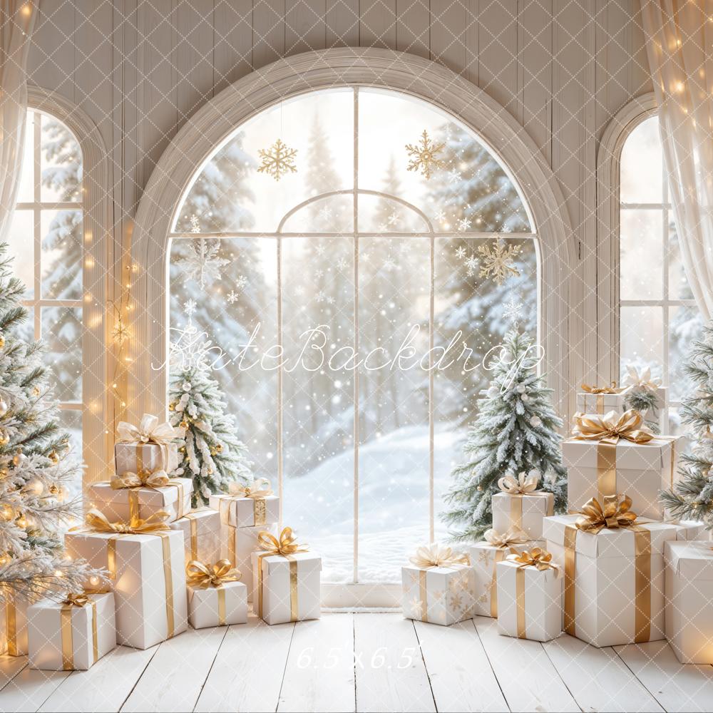 Kate White Arch Window With Christmas Tree Gifts Backdrop Designed by Emetselch -UK