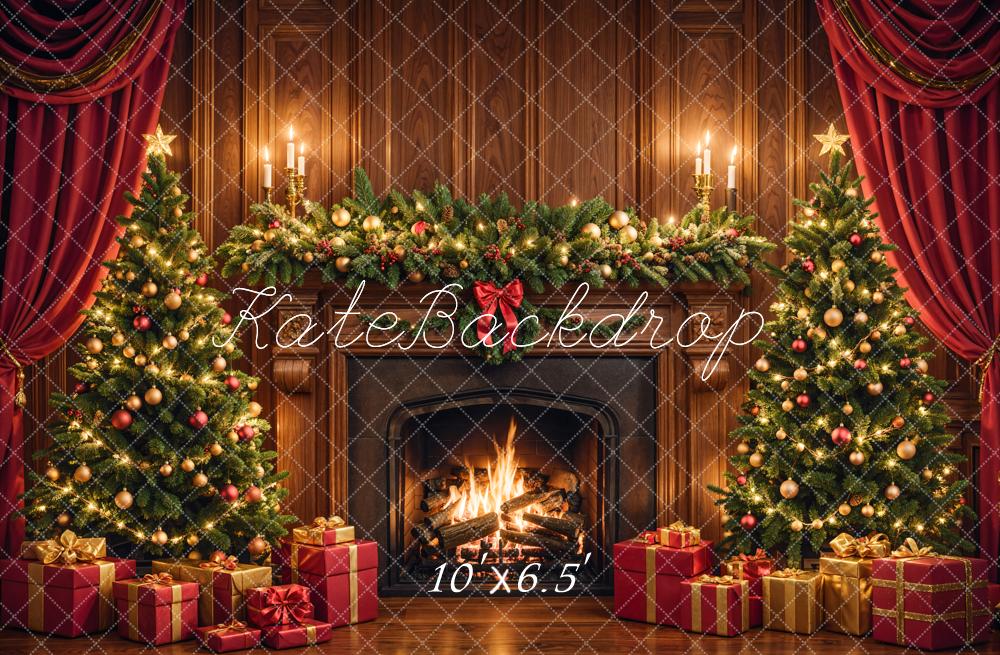 Kate Christmas Fireplace Tree Brown Retro Wall Backdrop Designed by Emetselch -UK