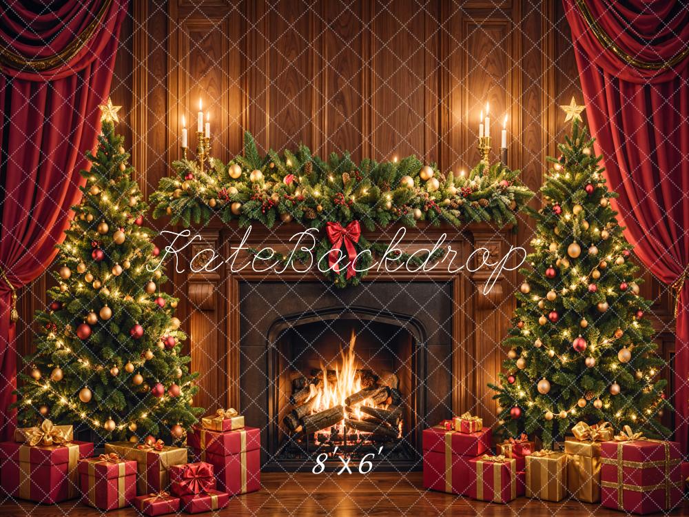 Kate Christmas Fireplace Tree Brown Retro Wall Backdrop Designed by Emetselch -UK