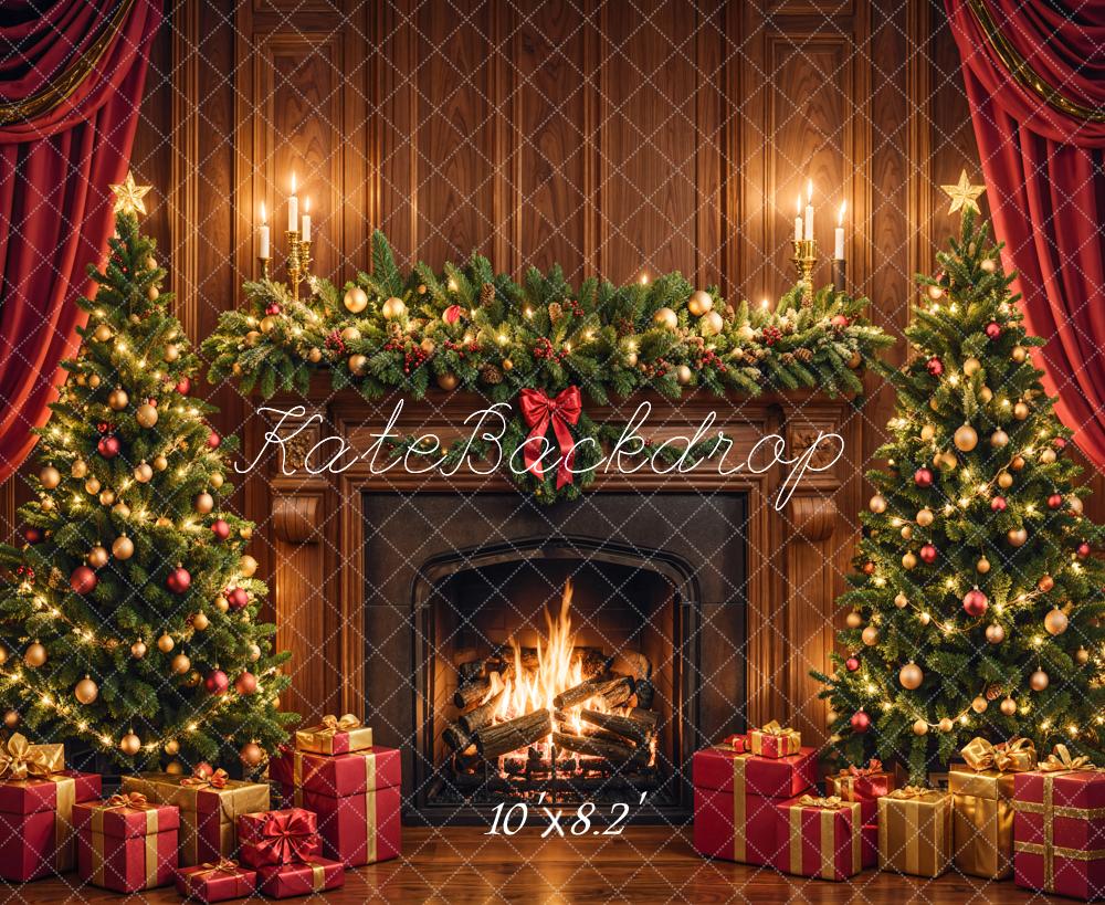 Kate Christmas Fireplace Tree Brown Retro Wall Backdrop Designed by Emetselch -UK
