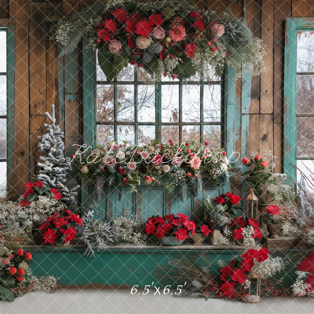 Kate Christmas Floral Blue Window Backdrop Designed by Laura Bybee -UK