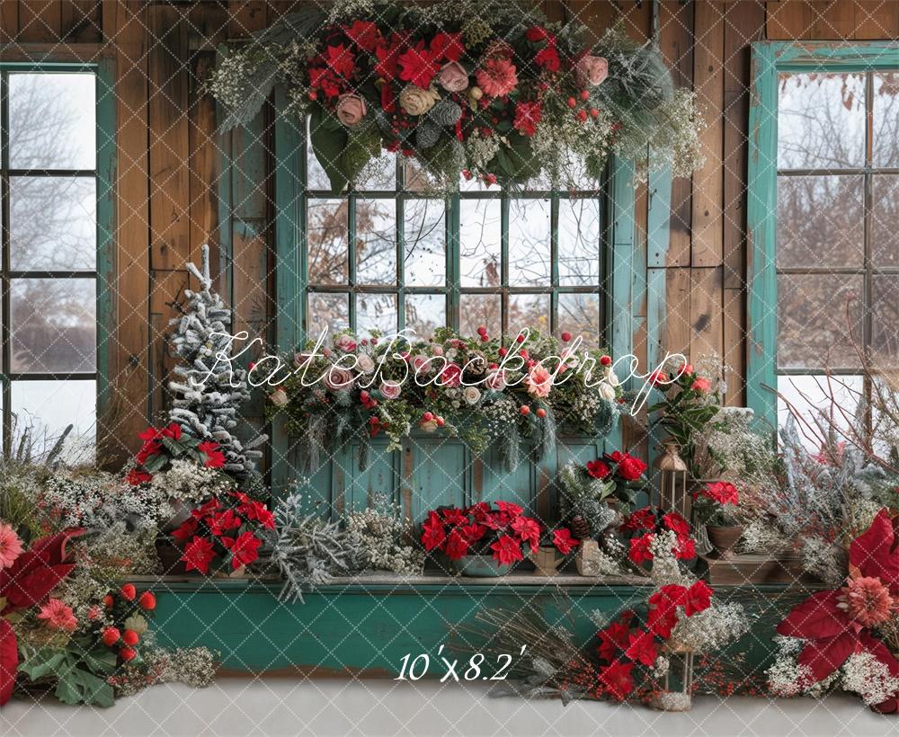 Kate Christmas Floral Blue Window Backdrop Designed by Laura Bybee -UK