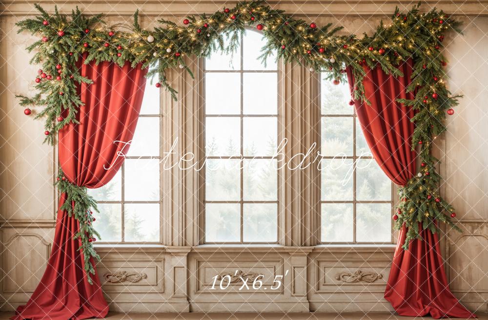 Kate Christmas Window Red Curtains Backdrop Designed by Emetselch