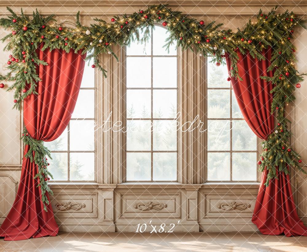 Kate Christmas Window Red Curtains Backdrop Designed by Emetselch