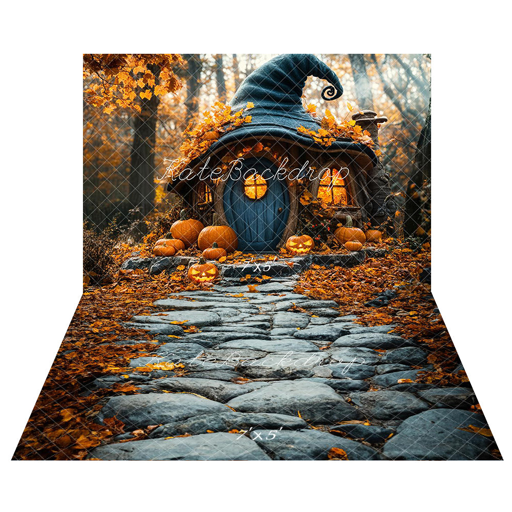 Kate Halloween Pumpkin Witch Hat Cottage Backdrop+Cobblestone Path Floor Backdrop -UK