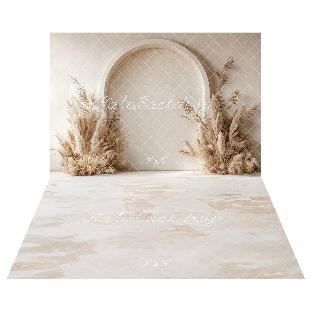 Kate Boho Arch Pampas Grass Backdrop+Neutral Abstract Texture Beige Floor Backdrop -UK