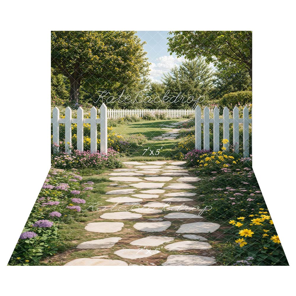 Lightning Deals Kate Spring Garden Path White Fence Backdrop+Stone Floral Garden Floor Backdrop -UK