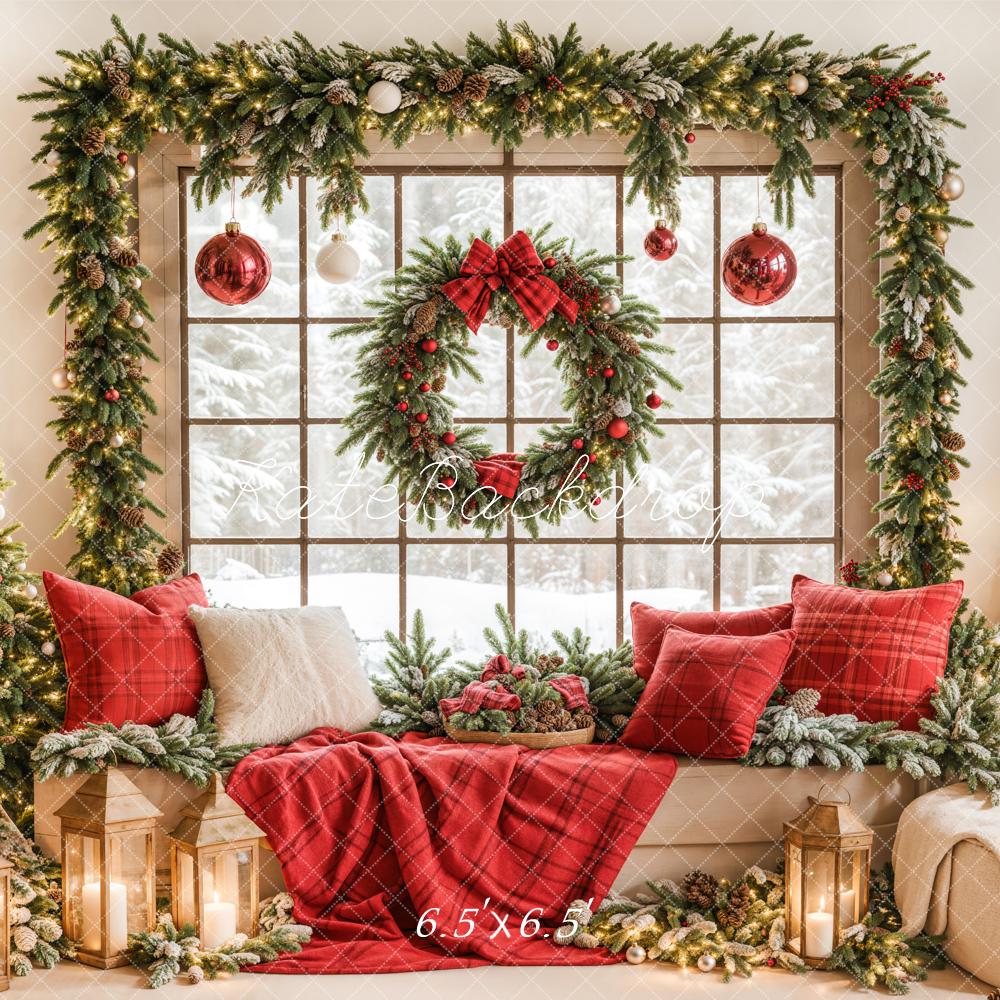 Kate Christmas Window Garland Red Blanket Backdrop Designed by Emetselch -UK