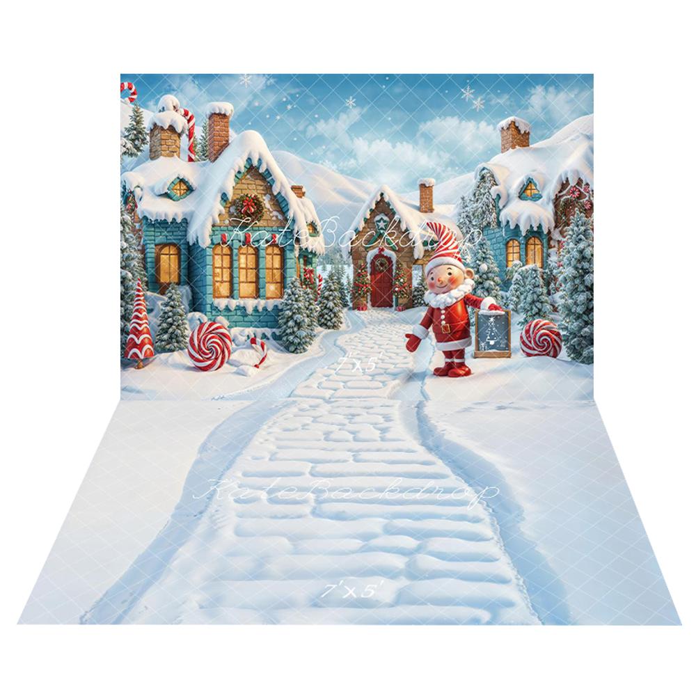 Lightning Deals Kate Christmas Elf Candy Snowy House Backdrop+Winter Brick Path Floor Backdrop -UK