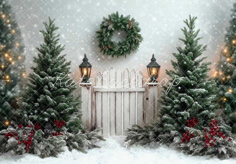 Kate Christmas Trees Fence Snow Backdrop Designed by Patty Robert -UK