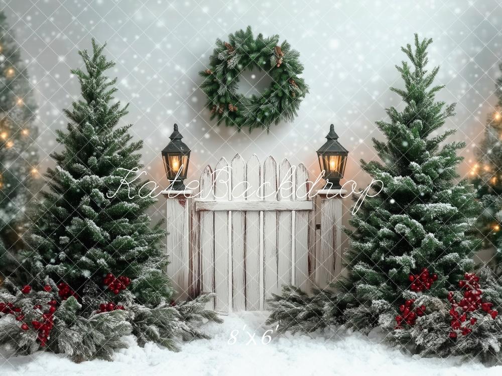 Kate Christmas Trees Fence Snow Backdrop Designed by Patty Robert -UK