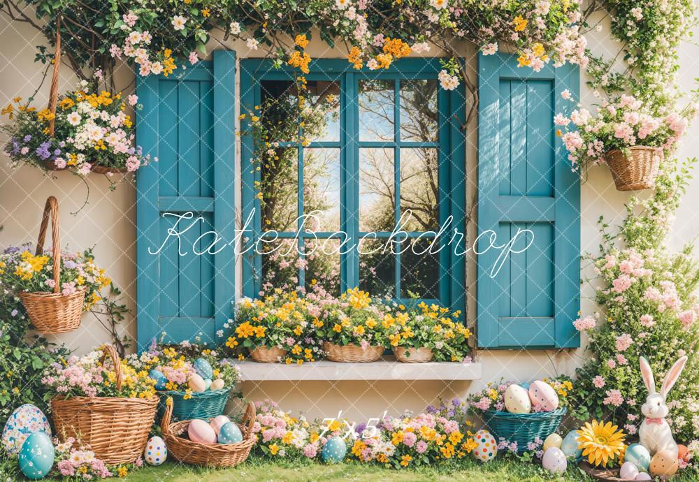 Lightning Deals Kate Easter Bunny Floral Blue Window Backdrop Designed by Emetselch -UK