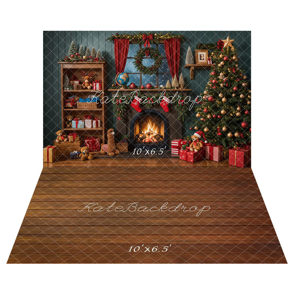 Lightning Deals Kate Christmas Tree Fireplace Shelf Gifts Backdrop+Brown Wooden Floor Backdrop -UK