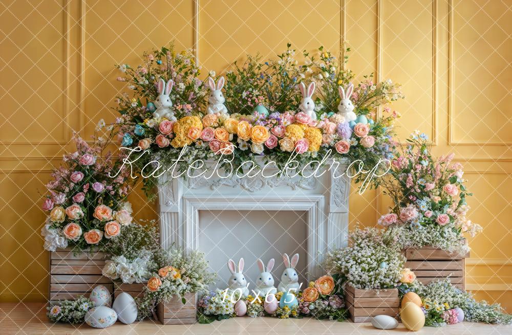 Kate Easter Bunny Flower Fireplace Yellow Backdrop Designed by Emetselch -UK