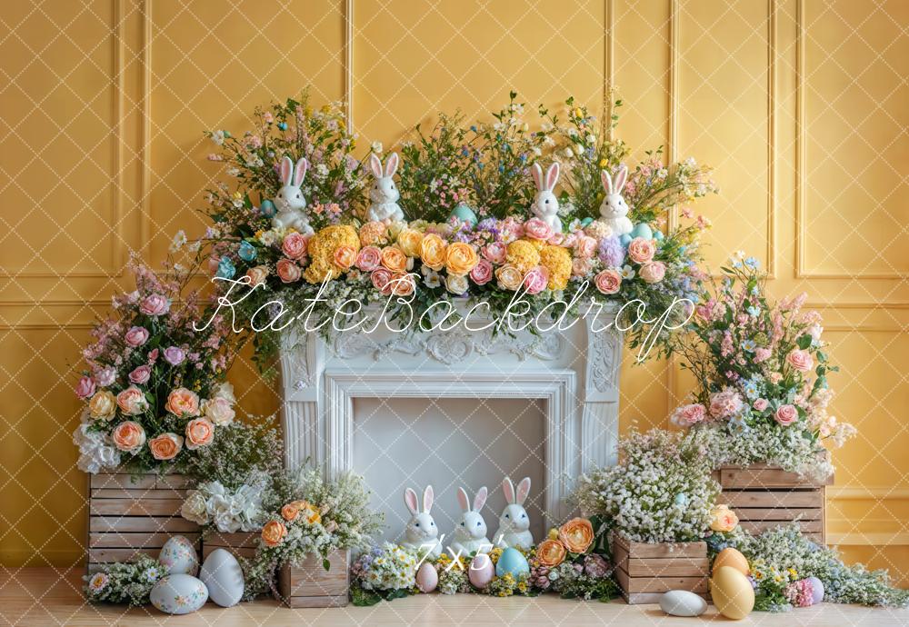 Kate Easter Bunny Flower Fireplace Yellow Backdrop Designed by Emetselch -UK