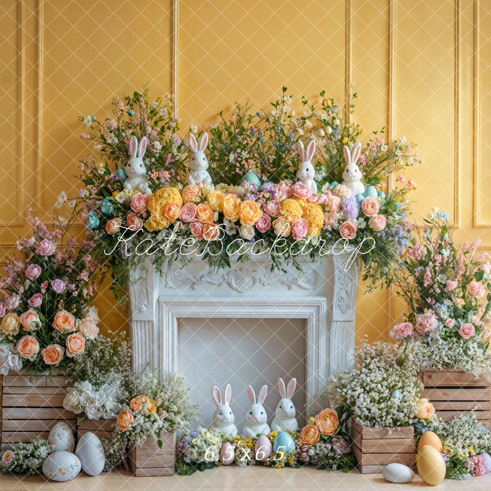 Kate Easter Bunny Flower Fireplace Yellow Backdrop Designed by Emetselch -UK