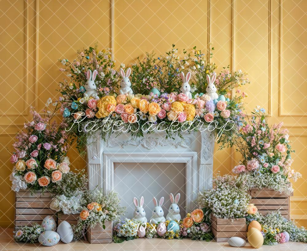 Kate Easter Bunny Flower Fireplace Yellow Backdrop Designed by Emetselch -UK