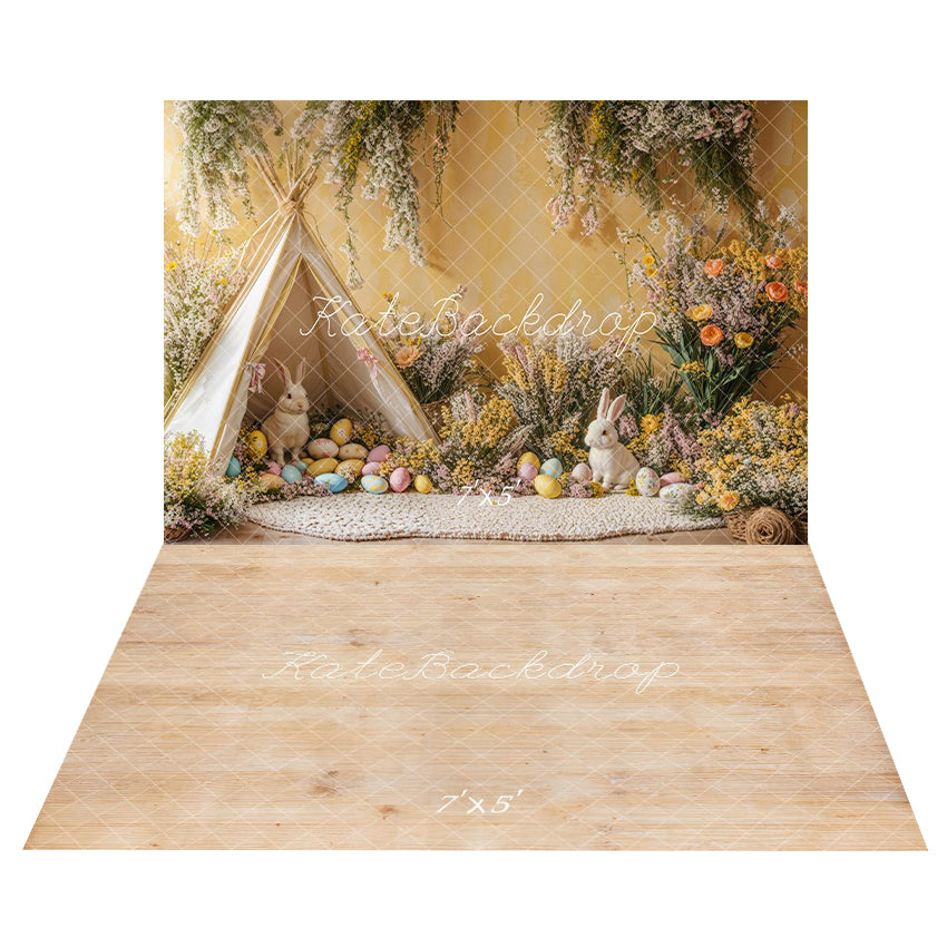 Lightning Deals Kate Easter Bunny Tent Eggs Backdrop+Natural Wood Texture Floor Backdrop -UK