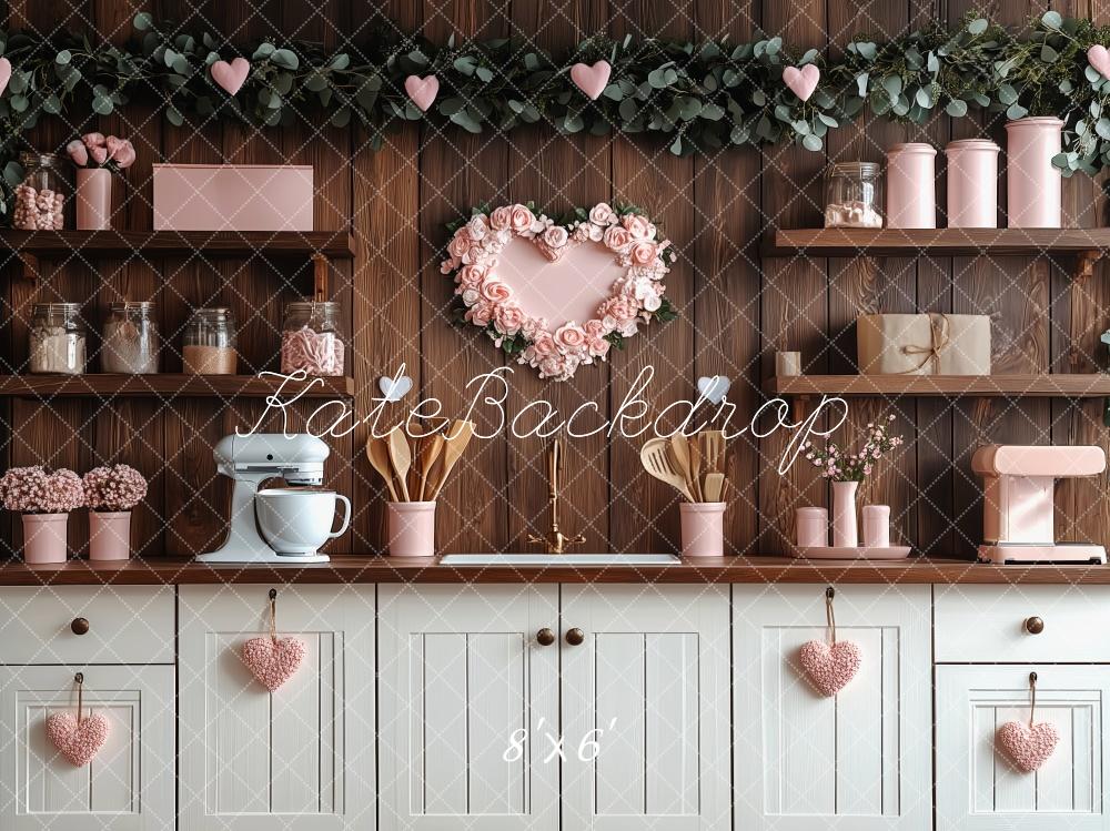 Kate Valentine's Day Pink Kitchen Hearts Backdrop Designed by Patty Robert -UK