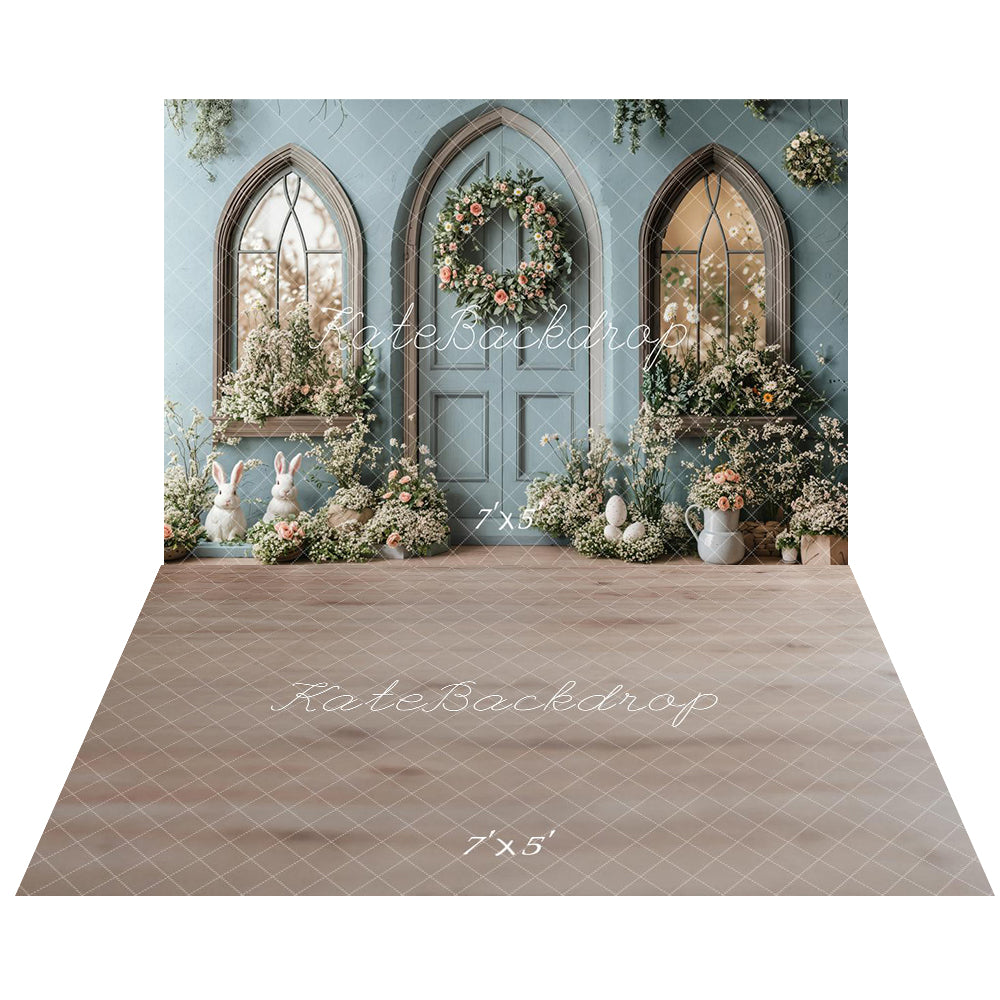 Kate Easter Bunny Floral Blue Door Backdrop+Neutral Wood Floor Backdrop -UK
