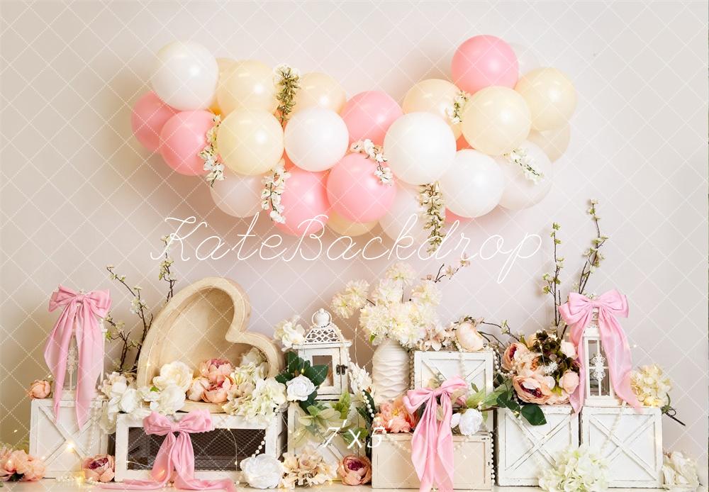 Lightning Deals Kate Floral Balloon Heart Pink Bows Backdrop Designed by Megan Leigh Photography -UK