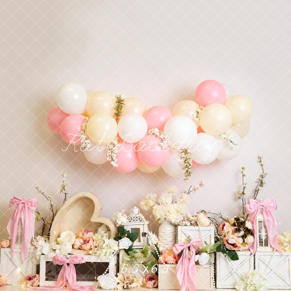 Lightning Deals Kate Floral Balloon Heart Pink Bows Backdrop Designed by Megan Leigh Photography -UK