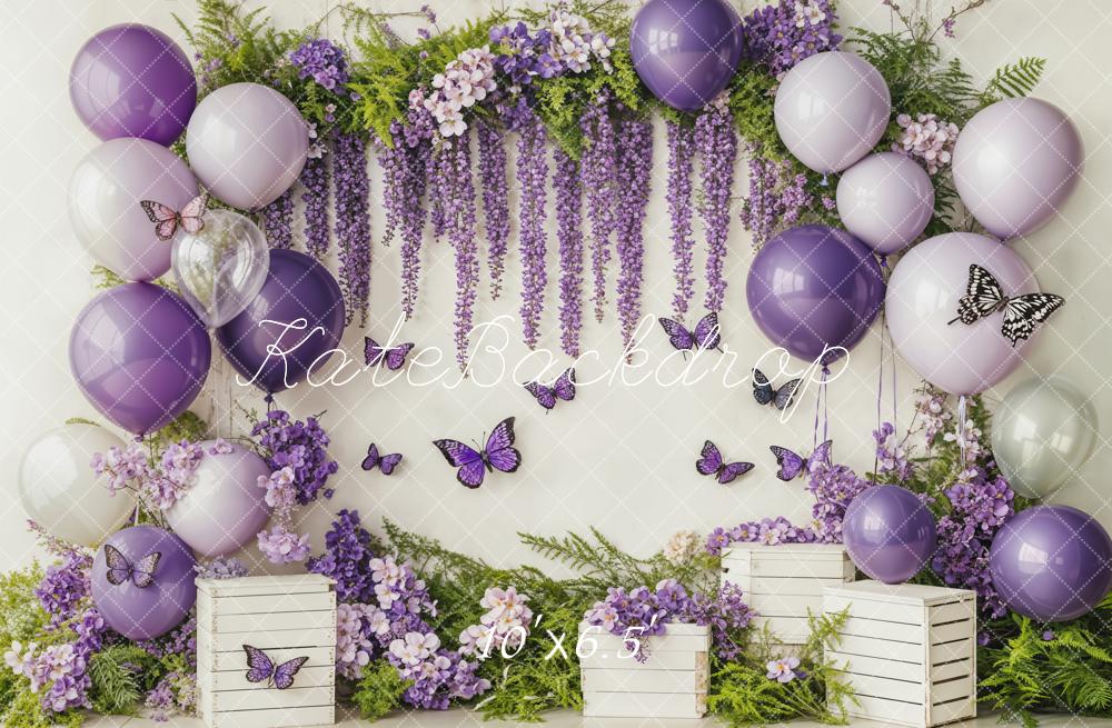 On Sale Kate Cake Smash Purple Balloon Floral Butterflies Backdrop Designed by Emetselch -UK