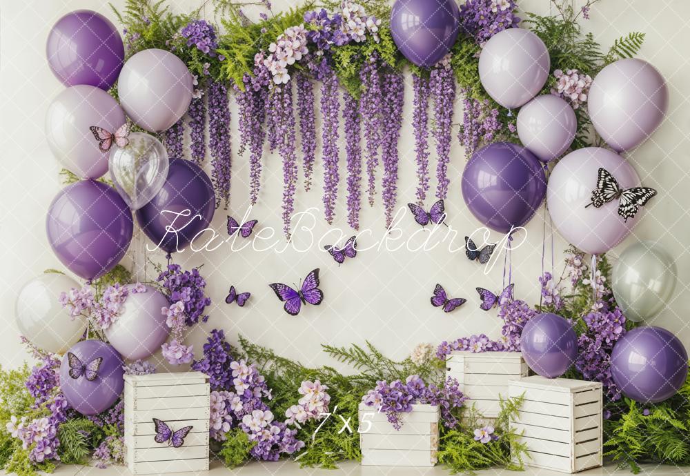 On Sale Kate Cake Smash Purple Balloon Floral Butterflies Backdrop Designed by Emetselch -UK
