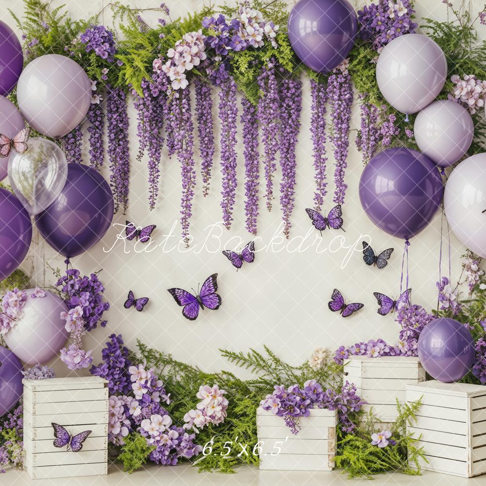 On Sale Kate Cake Smash Purple Balloon Floral Butterflies Backdrop Designed by Emetselch -UK