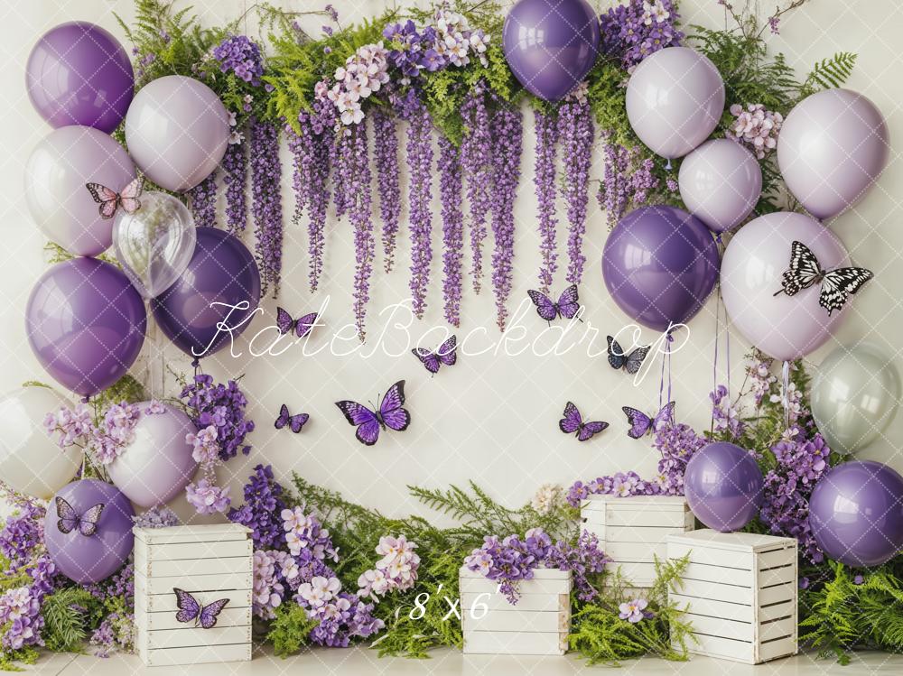 On Sale Kate Cake Smash Purple Balloon Floral Butterflies Backdrop Designed by Emetselch -UK