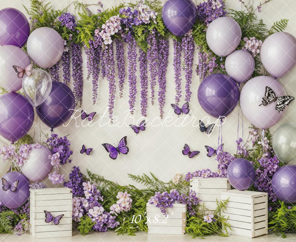On Sale Kate Cake Smash Purple Balloon Floral Butterflies Backdrop Designed by Emetselch -UK