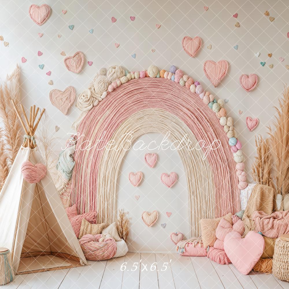 Kate Boho Rainbow Tent Hearts Pink Backdrop Designed by Emetselch -UK