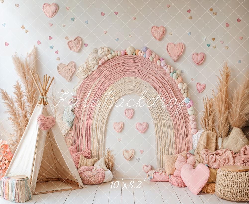 Kate Boho Rainbow Tent Hearts Pink Backdrop Designed by Emetselch -UK