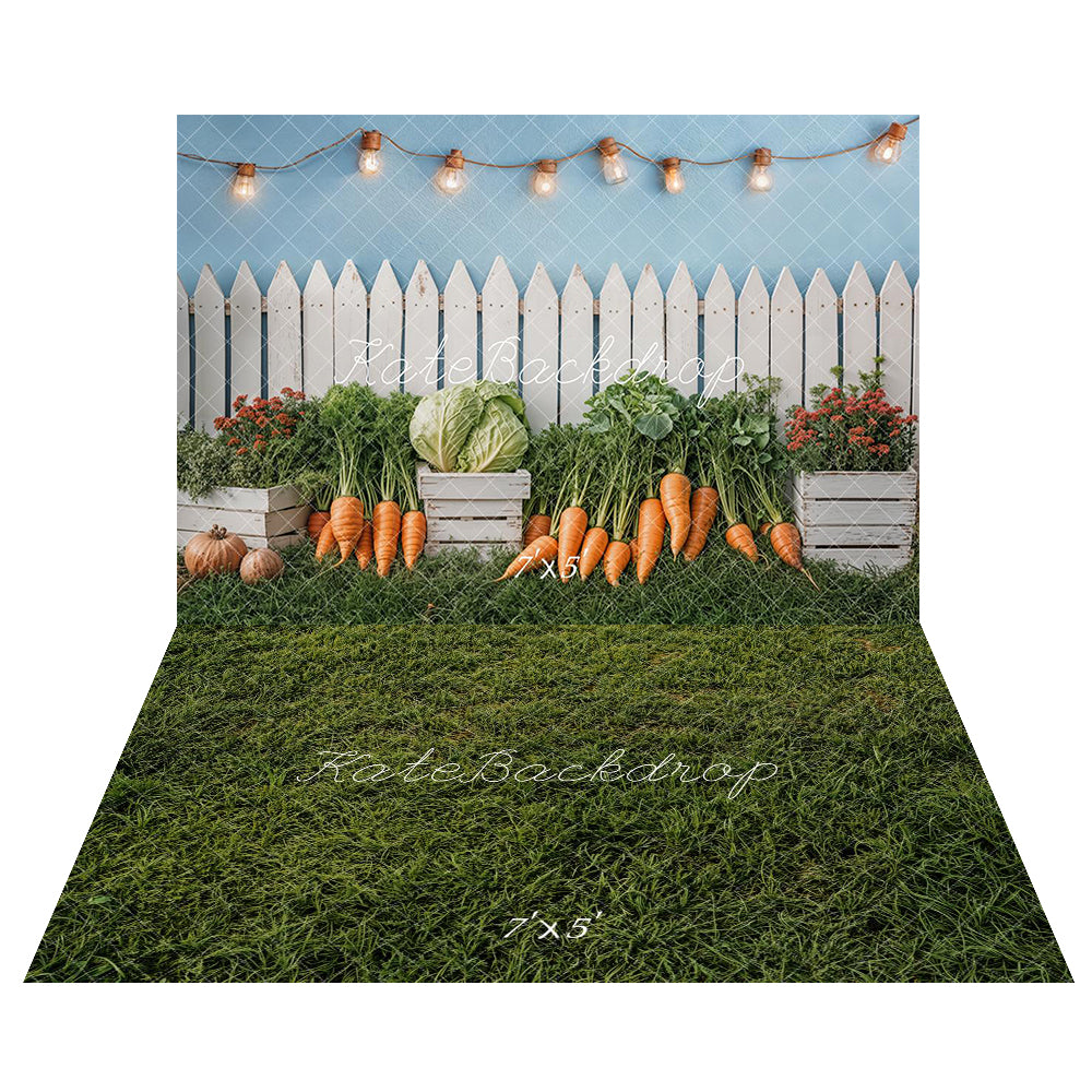 Kate Easter Fence Garden Vegetables Backdrop+Green Grass Lawn Floor Backdrop -UK