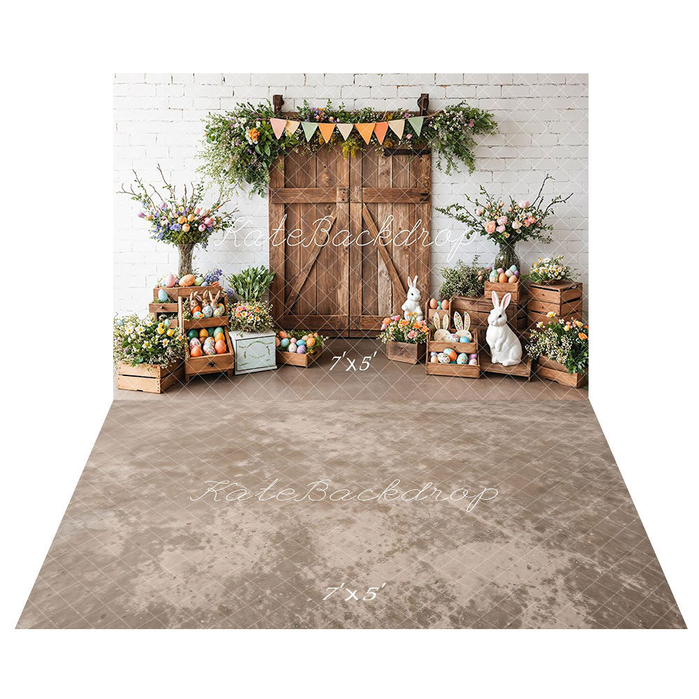 Kate Easter Barn Door Bunny Floral Backdrop+Abstract Light Brown Beige Floor Backdrop -UK