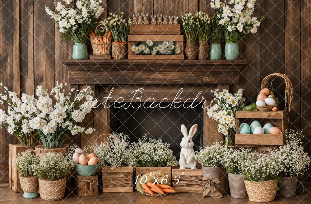 Kate Easter Fireplace Bunny Rustic Floral Backdrop Designed by Emetselch -UK