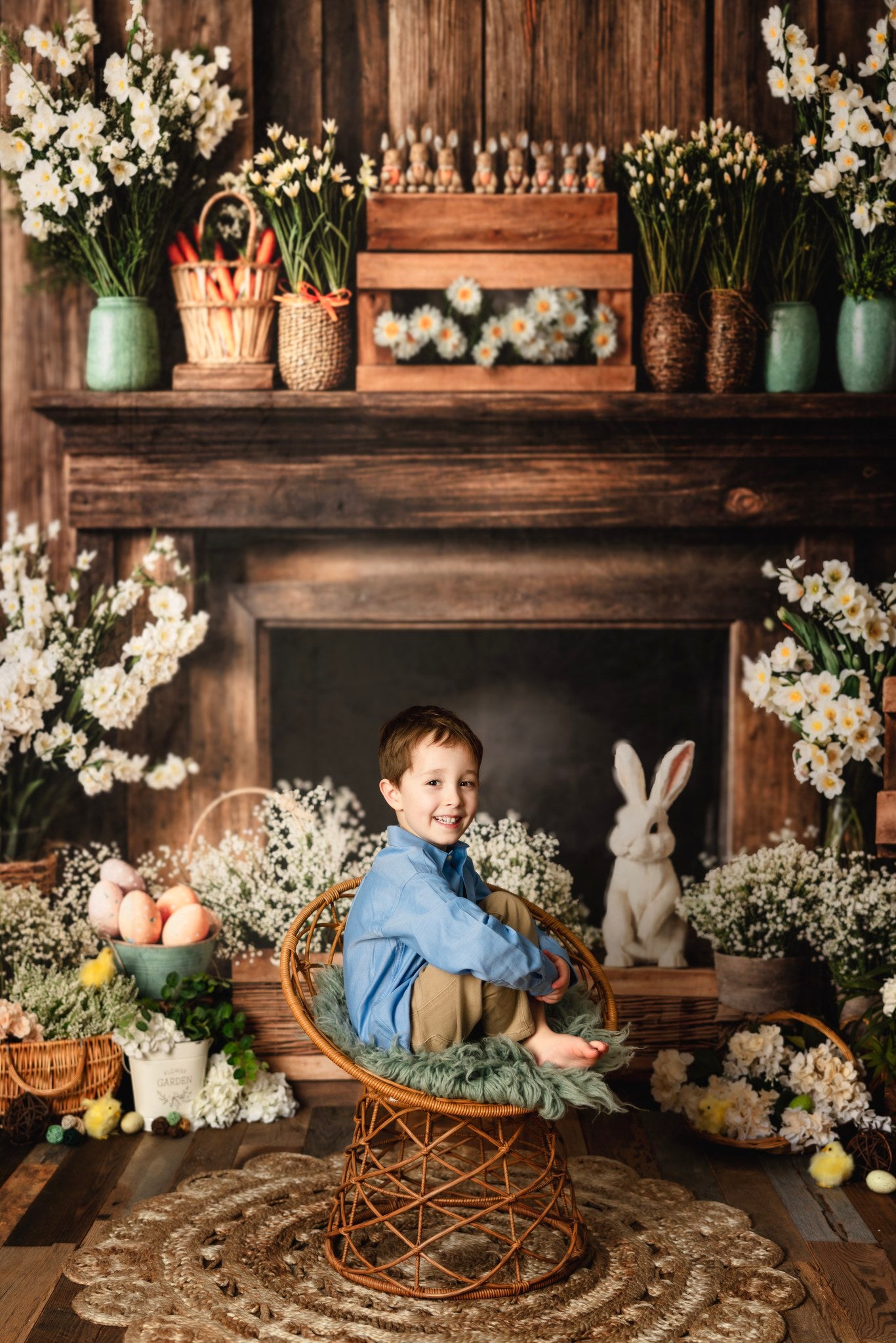 Kate Easter Fireplace Bunny Rustic Floral Backdrop Designed by Emetselch -UK