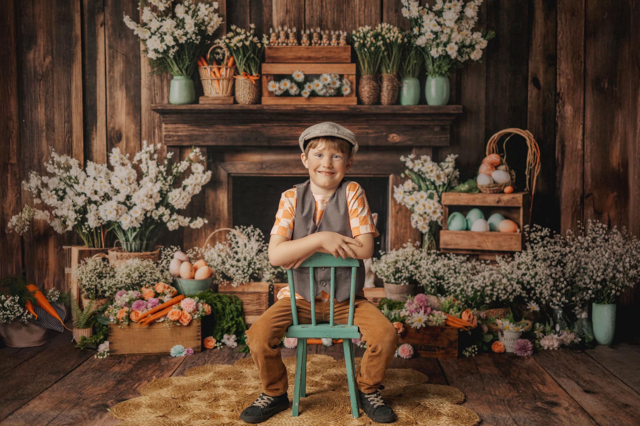 Kate Easter Fireplace Bunny Rustic Floral Backdrop Designed by Emetselch -UK