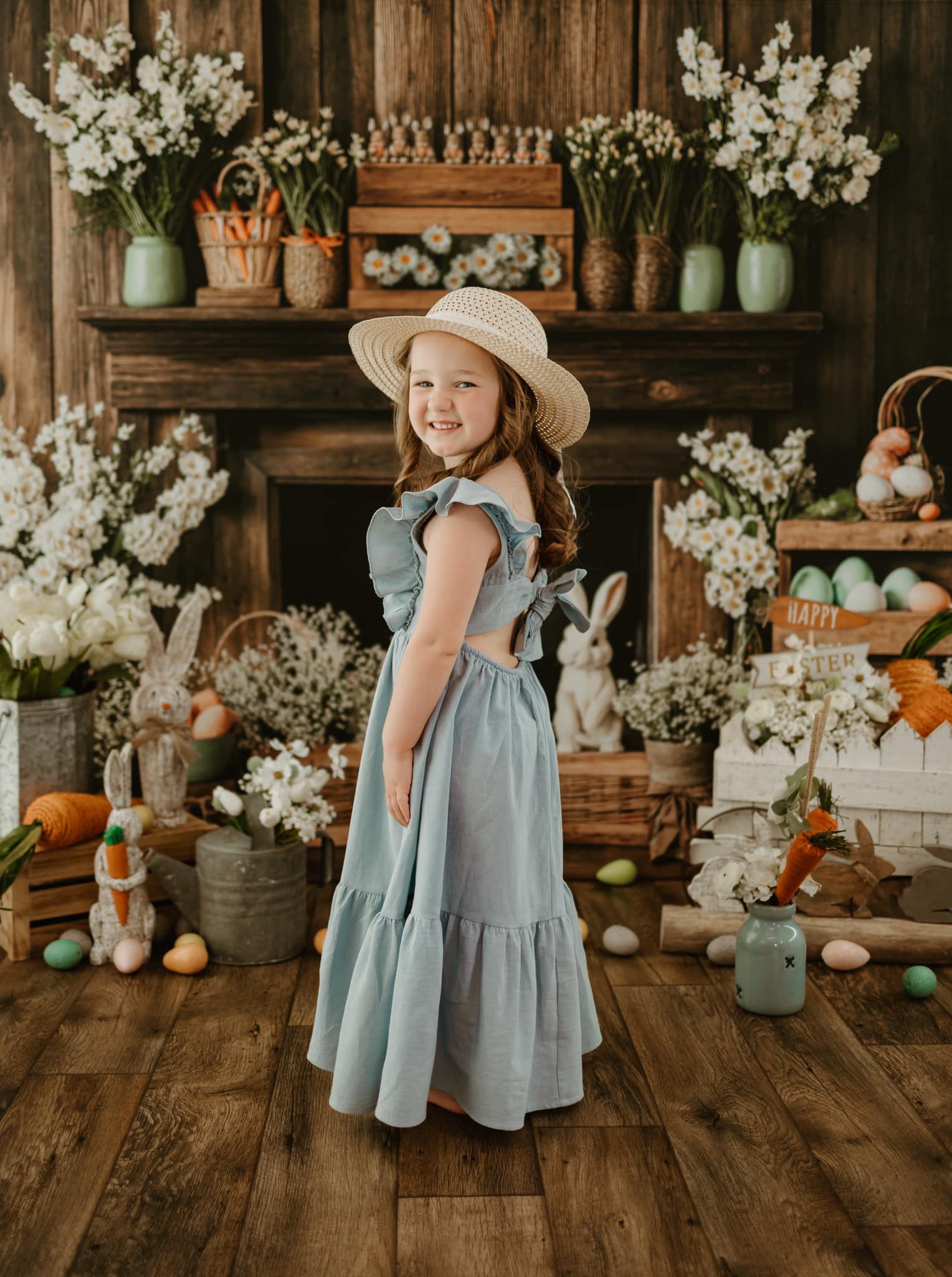Kate Easter Fireplace Bunny Rustic Floral Backdrop Designed by Emetselch -UK