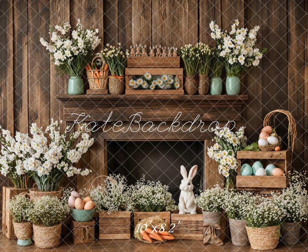 Kate Easter Fireplace Bunny Rustic Floral Backdrop Designed by Emetselch -UK