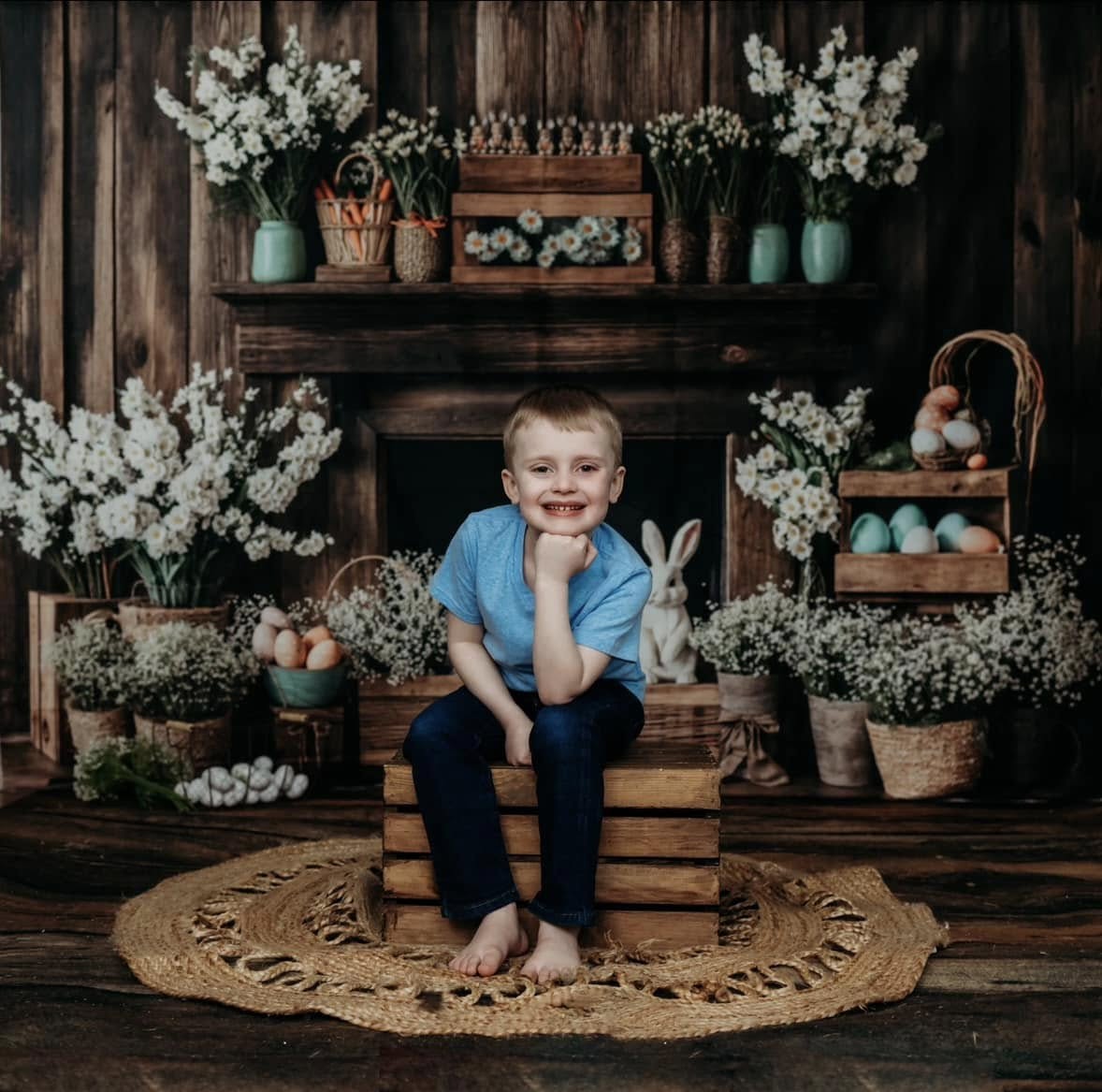 Kate Easter Fireplace Bunny Rustic Floral Backdrop Designed by Emetselch -UK