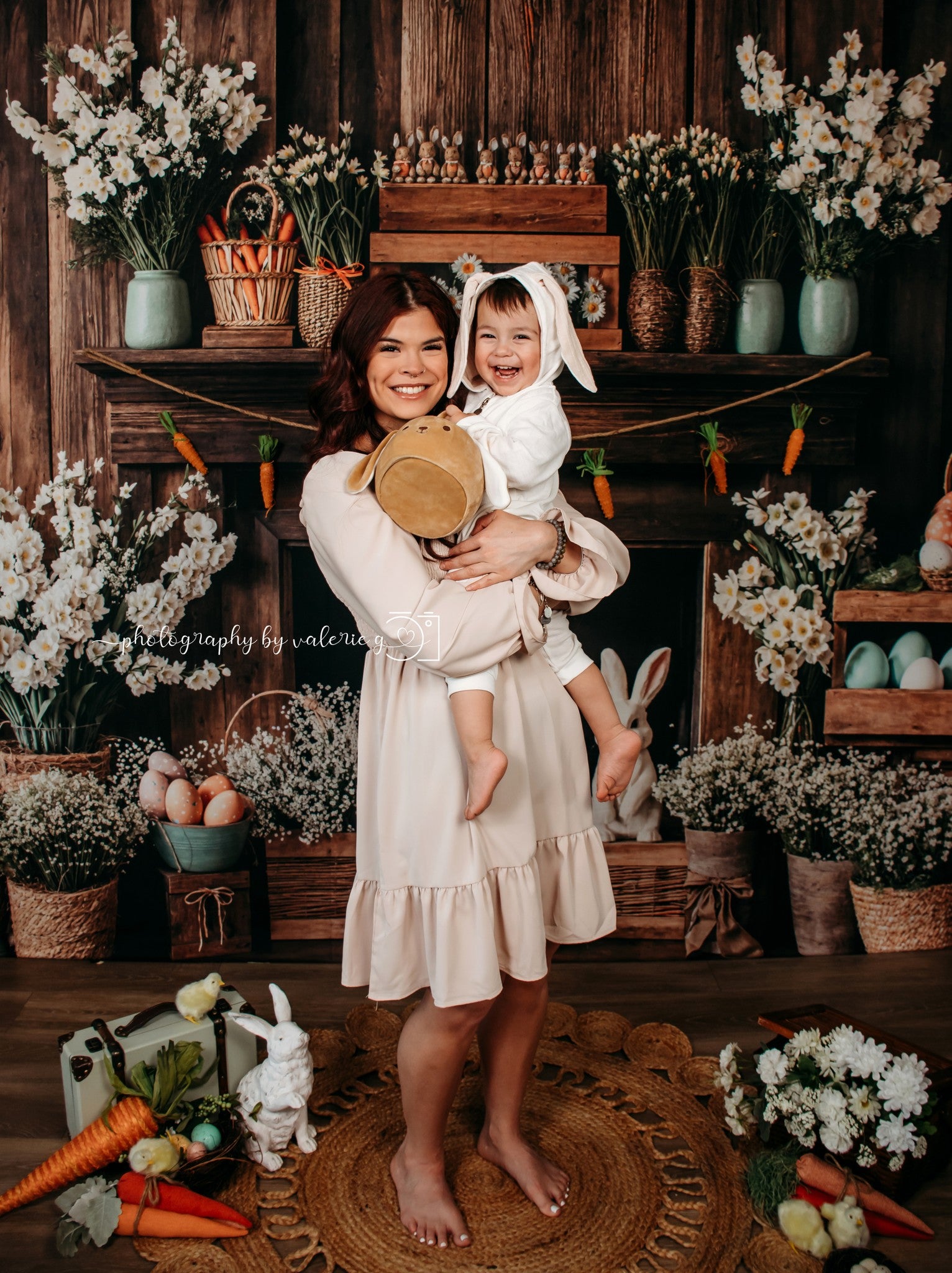 Kate Easter Fireplace Bunny Rustic Floral Backdrop Designed by Emetselch -UK