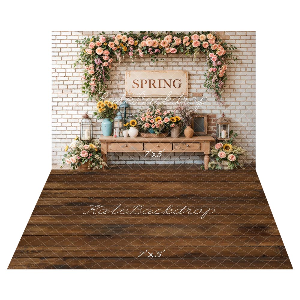 Kate Spring Floral Vintage Brick Wall Backdrop+Brown Wooden Floor Backdrop -UK